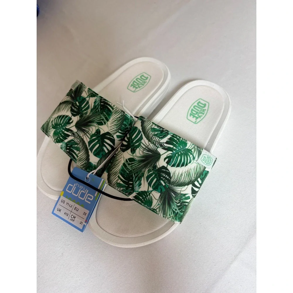 Hey Dude Chandler Youth Slides Size 1-2 Summerdendron New Tropical Palm Sandals